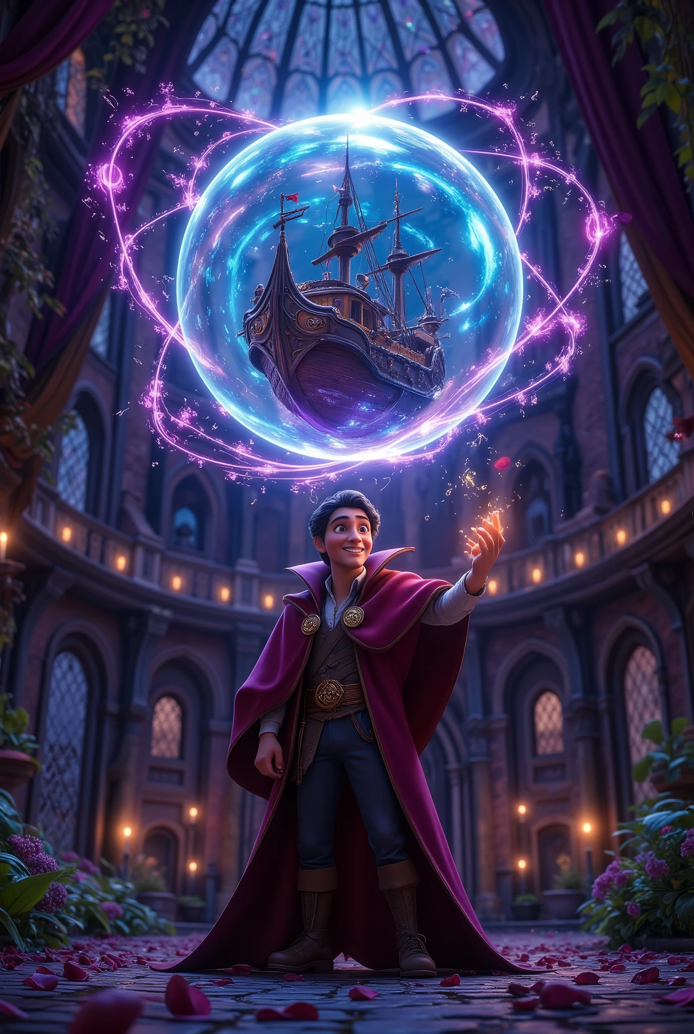 A magician looks and extends a hand in front of the camera，Magical power emits ， There is a glowing magic bubble on the hand ， A ship wrapped in the magic bubble ， grid with a flat dark background 