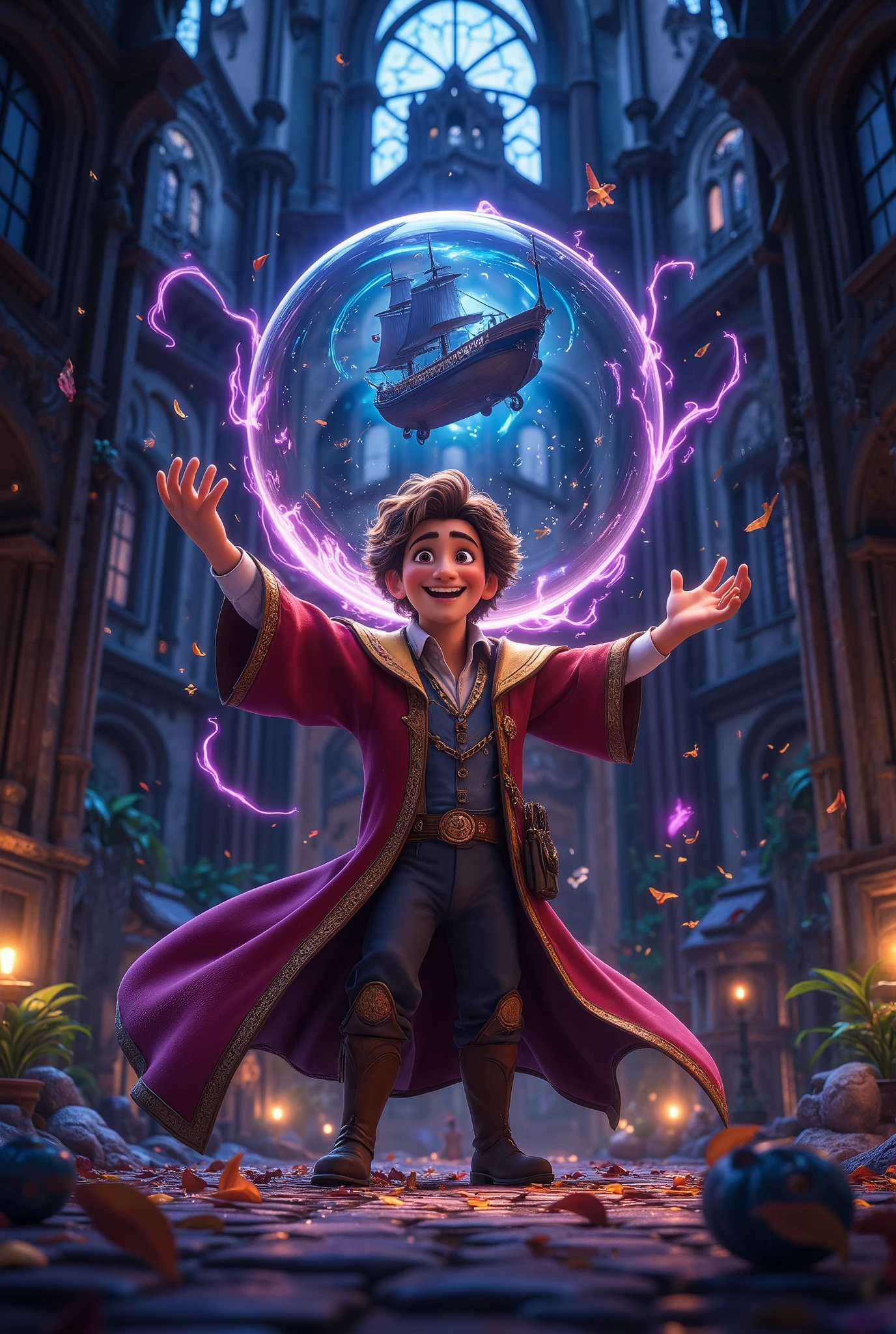 A magician looks and extends a hand in front of the camera，Magical power emits ， There is a glowing magic bubble on the hand ， A ship wrapped in the magic bubble ， grid with a flat dark background 