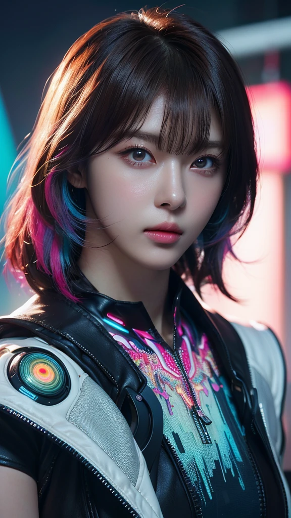 (masterpiece, highest quality, highest quality, Official Art, beautifully, aesthetic:1.2), Portrait Photography, (Cyberpunk beautiful girl 1 person), Big iridescent eyes, Beautiful skin, (Pink and blue long hair with bangs), Very detailed, (Neon colored fractal art:1.3), Perfect lighting, Sharp focus, High resolution, High resolution, High color rendering, High resolution, Super realistic,