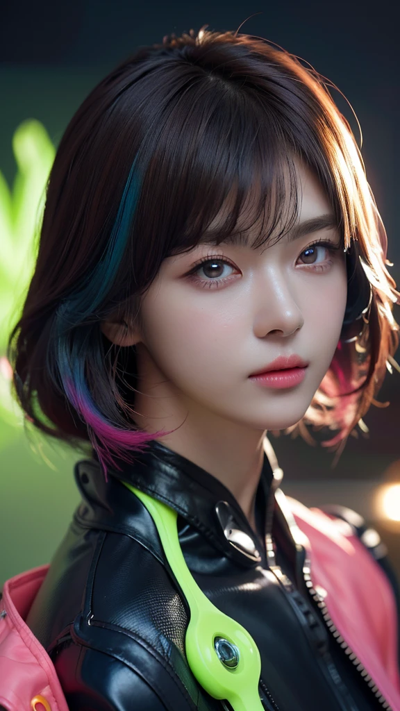 (masterpiece, highest quality, highest quality, Official Art, beautifully, aesthetic:1.2), Portrait Photography, (Cyberpunk beautiful girl 1 person), Big iridescent eyes, Beautiful skin, (Pink and blue long hair with bangs), Very detailed, (Neon colored fractal art:1.3), Perfect lighting, Sharp focus, High resolution, High resolution, High color rendering, High resolution, Super realistic,