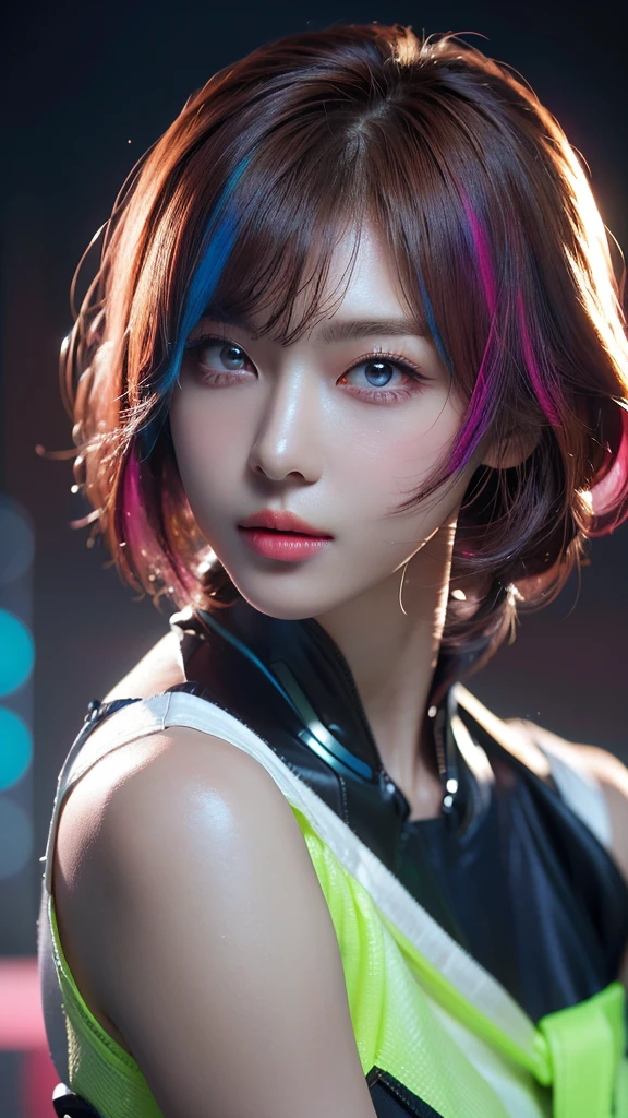 (masterpiece, highest quality, highest quality, Official Art, beautifully, aesthetic:1.2), Portrait Photography, (Cyberpunk beautiful girl 1 person), Big iridescent eyes, Beautiful skin, (Pink and blue long hair with bangs), Very detailed, (Neon colored fractal art:1.3), Perfect lighting, Sharp focus, High resolution, High resolution, High color rendering, High resolution, Super realistic,