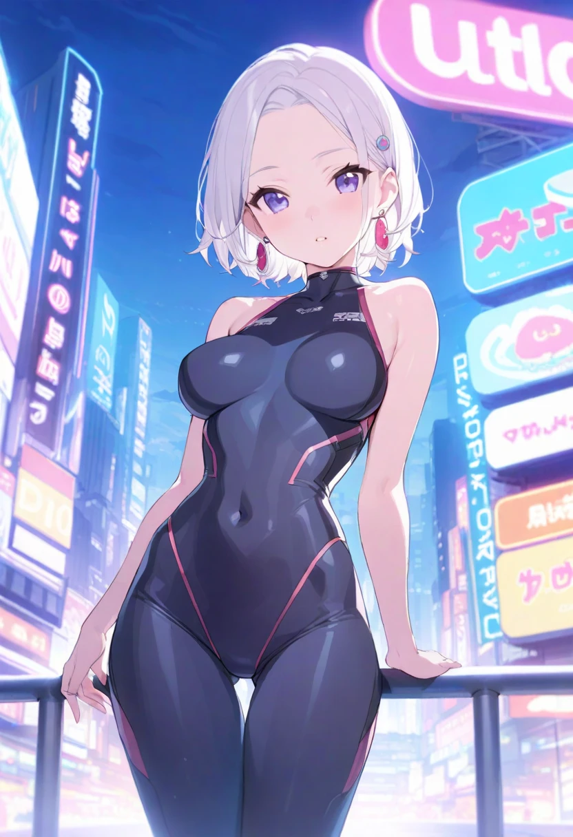 ((Masterpiece)), ((Best Quality)), (Ultra-detailed), ((kawaii)), Cute, (Lovely), ((Sexy)), (Ero), ((Extremely detailed)), 4K, (8K), Best Quality, (Beautiful), anime illustration, Anime style, Painting, (from wildcard:1.4),1girl, solo, breasts, looking at viewer, large breasts, bare shoulders, jewelry, medium breasts, standing, white hair, earrings, outdoors, parted lips, sleeveless, shiny, bare arms, bodysuit, covered navel, night, thigh gap, skin tight, forehead, shiny clothes, black bodysuit, neon lights