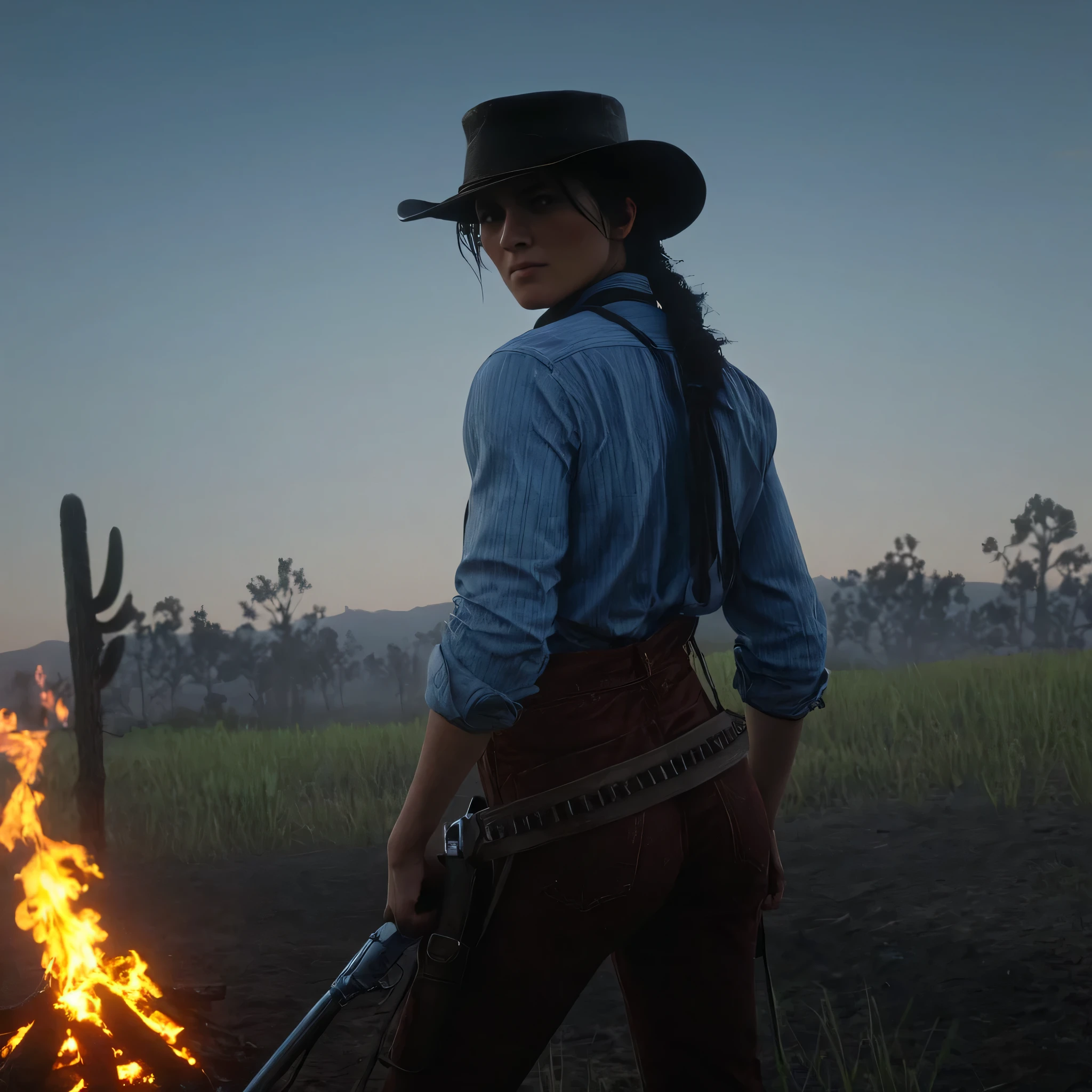 cinematic film still of cinematic film still of   Cowgirl and a tie standing in front of a fire,solo,shirt,black hair,long sleeves,1boy,hat,holding,standing,weapon,male focus,outdoors,sky,striped,belt,pants,from behind,gun,night,suspenders,grass,fire,blue shirt,night sky,facing away,field,embers , epic, Western, adventures, outlaw, Red Dead, Western United States, wild west, cowboy, cowgirl, Open world, 1900's, realistic, cinematic, film look, dramatic light, partially covered in shadows, gang, Western-themed action-adventure, Red Dead Redemption style, shallow depth of field, vignette, highly detailed, high budget, bokeh, cinemascope, moody, epic, gorgeous, film grain, grainy