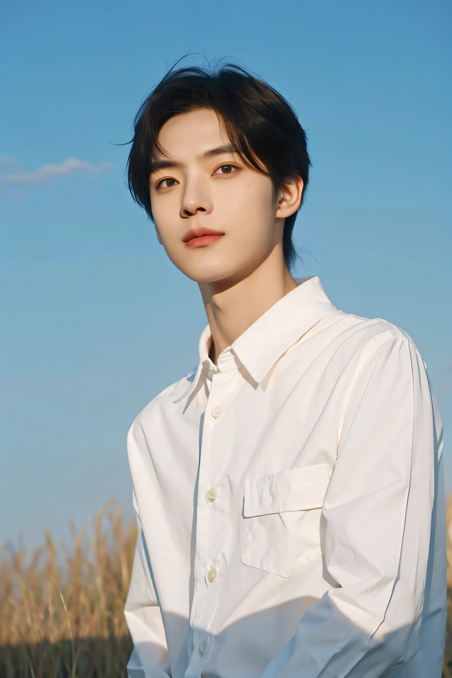 nansheng,1 boy,alone,male focus,sky空,Outdoor activities,sky,actual,shirt,Grass,Upper body,white shirt,Keep your mouth shut,(best shadow),complex, bright, Lens distortion correction，(best shadow),complex, bright, Lens distortion correction polera con marcas de ropa