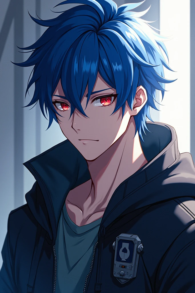 Art, Cool and handsome anime boy with blue hair and red eyes - SeaArt AI