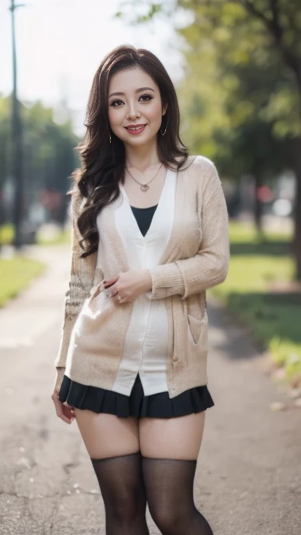 full body shot, from below,  japanese mature,  detailed face , Facial wrinkles, smile,  detailed skin texture ,  white skin, (curvy body,  plump thighs:1.5), (earrings,  Necklaces , Cardigan, pleated skirt, micro miniskirt:1.2), (Short socks,  wearing loafers :1.2), ( full body shot from toe to head wearing black high heels,  standing in the park:1.2), ( surrealism, best quality, ultra detailed, absolutely resolution, 8k, anatomically correct), depth of field, looking at viewer, tachi-e, (gal.safetensors), (And), full body, (from below),  natural light, model posing