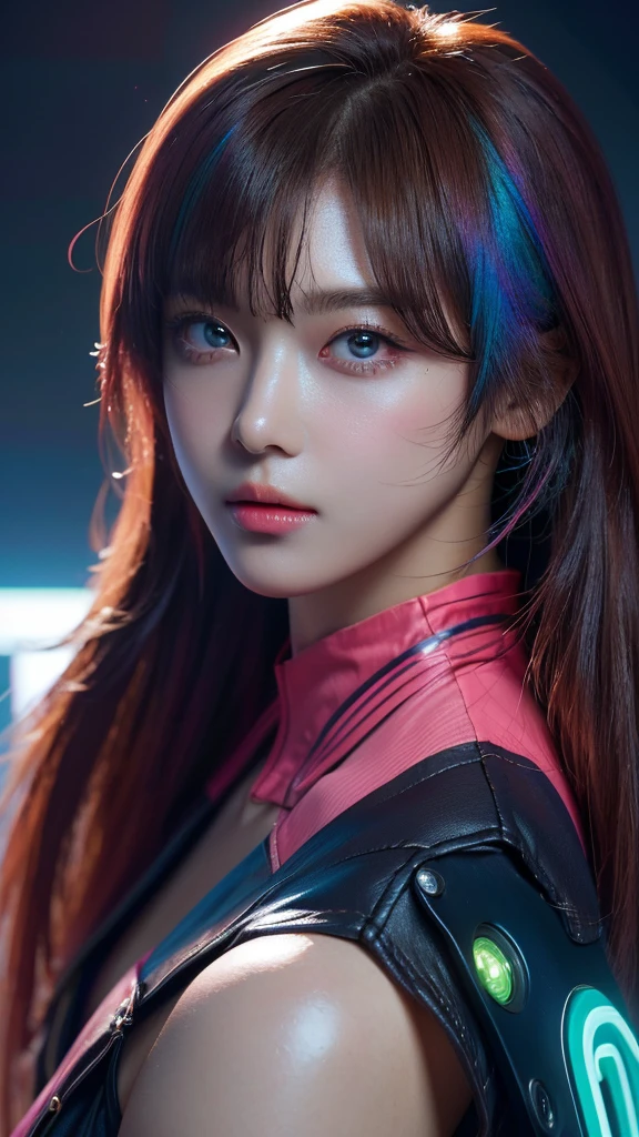 (masterpiece, highest quality, highest quality, Official Art, beautifully, aesthetic:1.2), Portrait Photography, (Cyberpunk beautiful girl 1 person), Big iridescent eyes, Beautiful skin, (Pink and blue long hair with bangs), Very detailed, (Neon colored fractal art:1.3), Perfect lighting, Sharp focus, High resolution, High resolution, High color rendering, High resolution, Super realistic,