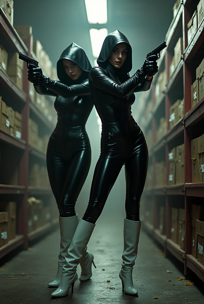 2 women wearing a Black Widow outfit with a hood and white gloves and leather shorts and wearing white boots with guns and holding up a bank to collect the bills with bags