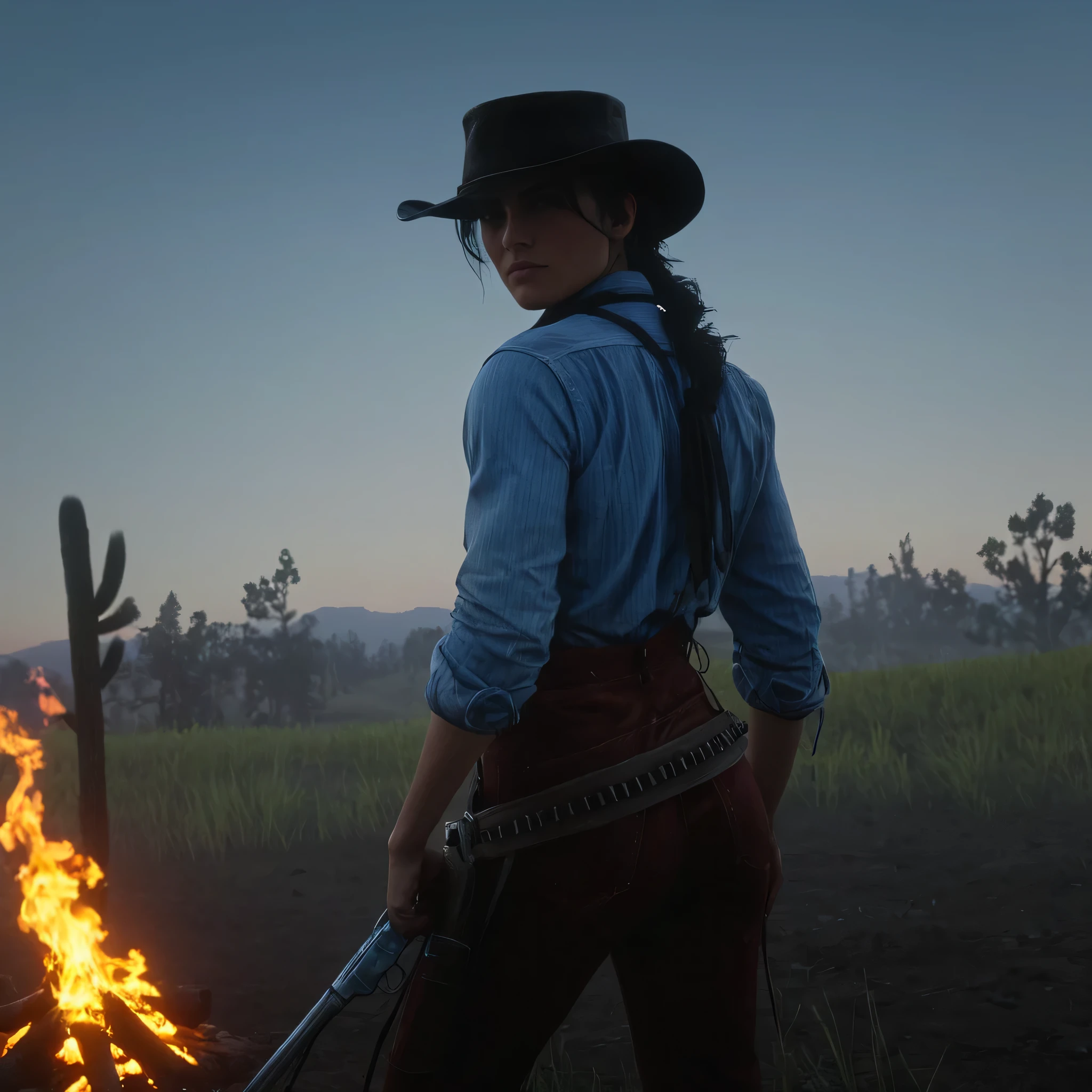 cinematic film still of cinematic film still of   Cowgirl and a tie standing in front of a fire,solo,shirt,black hair,long sleeves,1boy,hat,holding,standing,weapon,male focus,outdoors,sky,striped,belt,pants,from behind,gun,night,suspenders,grass,fire,blue shirt,night sky,facing away,field,embers , epic, Western, adventures, outlaw, Red Dead, Western United States, wild west, cowboy, cowgirl, Open world, 1900's, realistic, cinematic, film look, dramatic light, partially covered in shadows, gang, Western-themed action-adventure, Red Dead Redemption style, shallow depth of field, vignette, highly detailed, high budget, bokeh, cinemascope, moody, epic, gorgeous, film grain, grainy