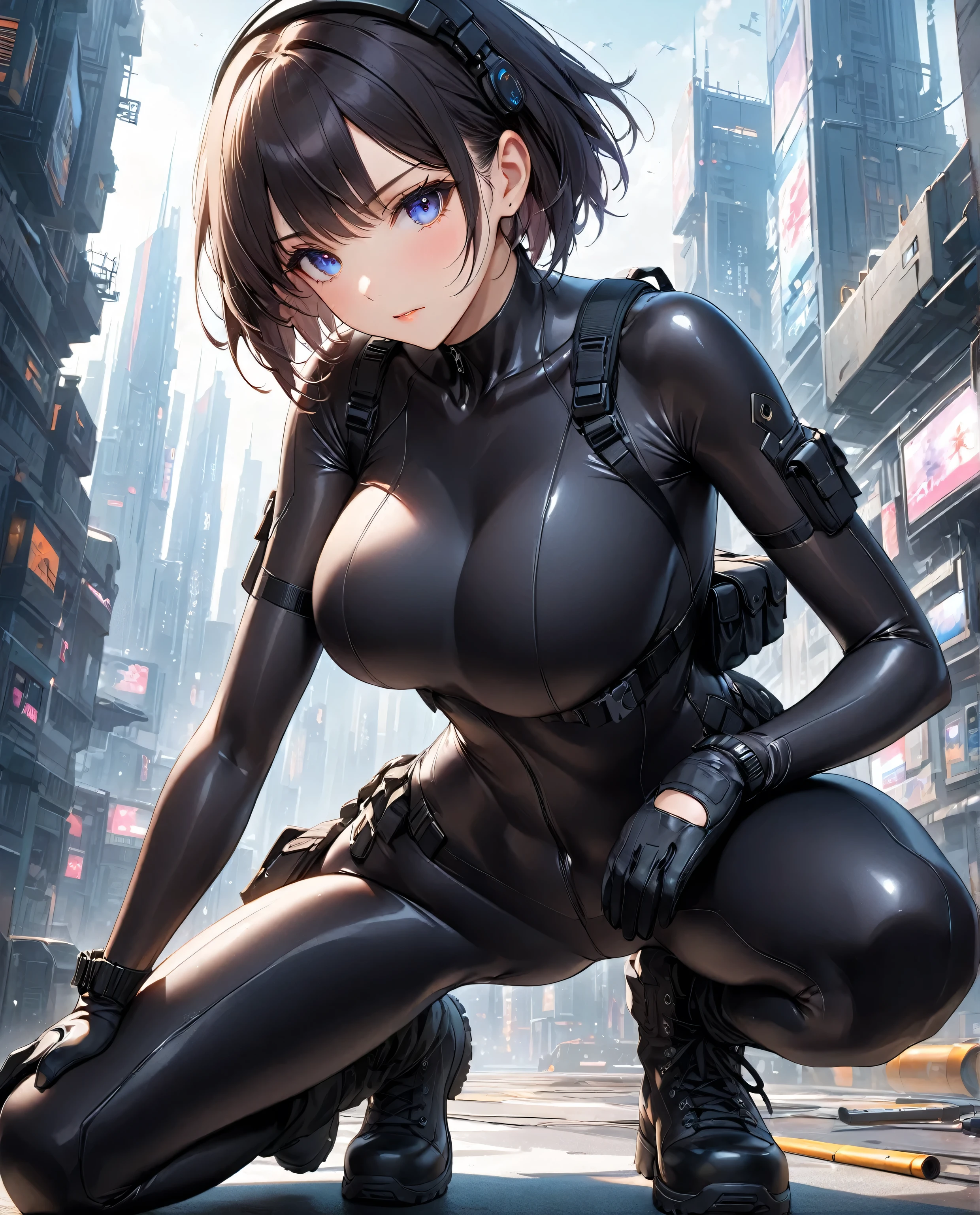 (3D anime style), (fallout videogame), seductive woman, (deep cleavage:1.2), (huge breasts:1.3), (ripped blue vault dweller full bodysuit:1.2), (torn tattered cloth fabric), boots, (mud stains on clothes), short blonde hair, thick body, (searching scrap inside of old rusty warehouse), curious face expression, (detailed face and eyes:1.3), masterpiece, best quality, videogame visuals, deep shadow, intricate, detailed, sharp, focused, colorful details, iridescent colors, intricate details, dynamic voluminous light , high resolution, enchanted qualitymasterpiece, best quality, intricate, detailed, sharp, focused, colorful details, iridescent colors, intricate details, dynamic voluminous light , high resolution, enchanted quality.