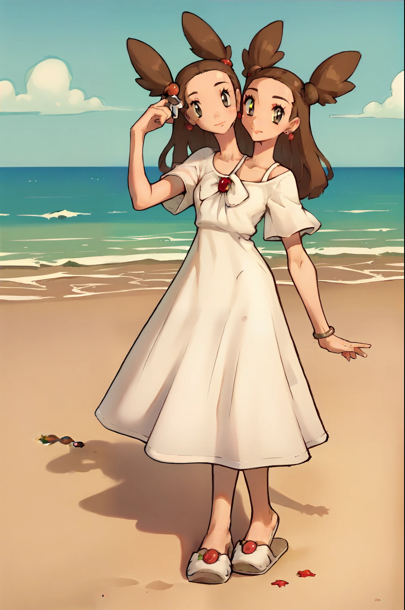 Conjoined, two heads, score_9, score_8_up, score_7_up,  EPpkJasmine,, brown eyes, brown hair, brown pigtails, light skin,, dress, white dress, no makeup, small earrings, jewelry, white dress slippers, looking at viewer, beach,