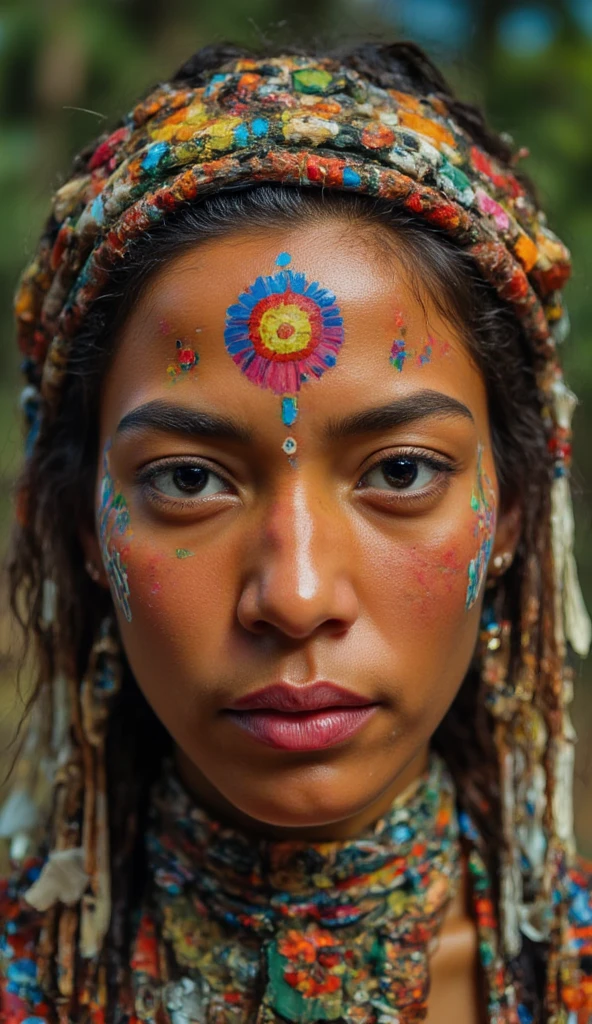 Face of a beautiful Indian woman wearing a colorful headdress .  Her face is painted with traditional indigenous colors. Traditional indigenous clothing. background forest.