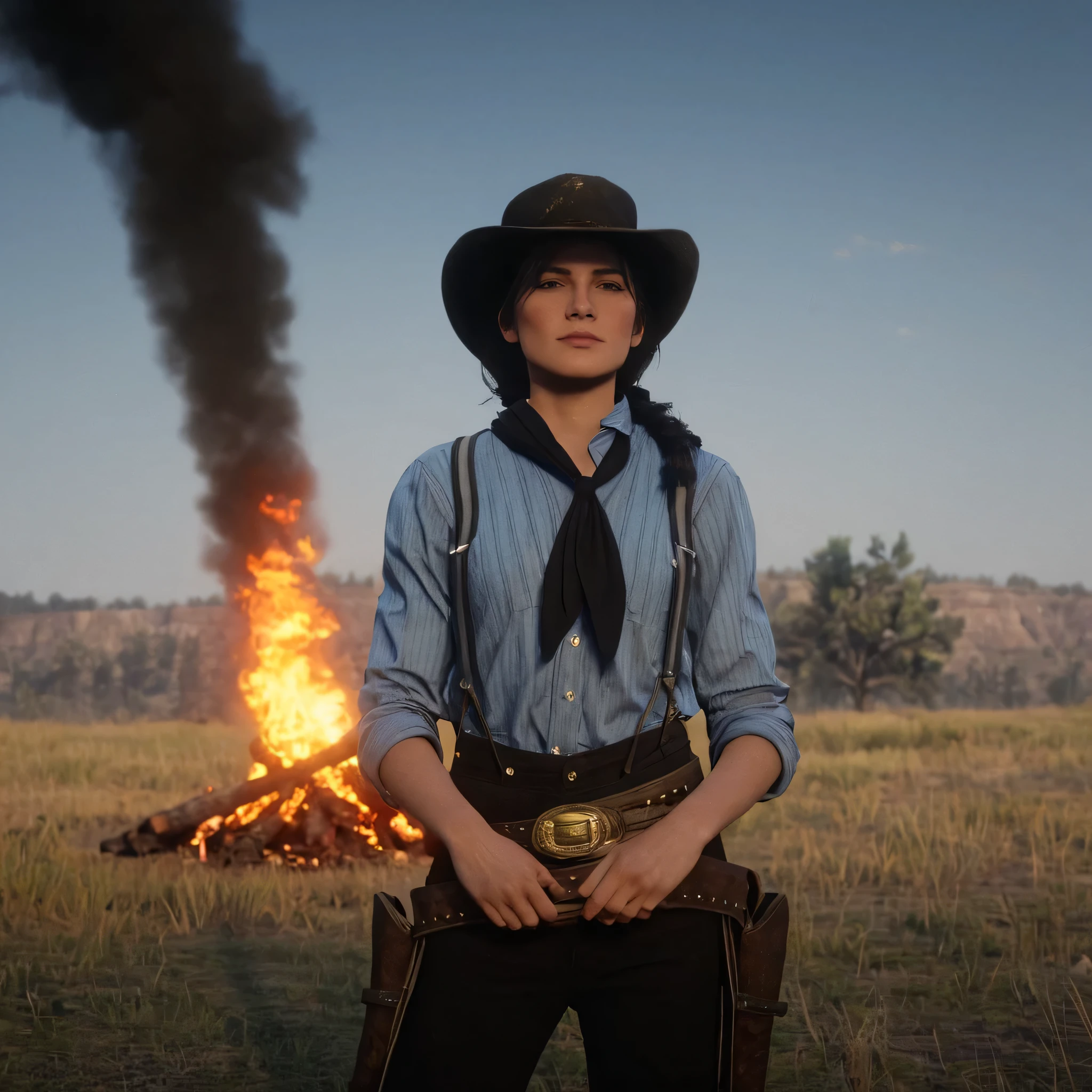 cinematic film still of cinematic film still of   Cowgirl and a tie standing in front of a fire,solo,shirt,black hair,long sleeves,1boy,hat,holding,standing,weapon,male focus,outdoors,sky,striped,belt,pants,from behind,gun,night,suspenders,grass,fire,blue shirt,night sky,facing away,field,embers , epic, Western, adventures, outlaw, Red Dead, Western United States, wild west, cowboy, cowgirl, Open world, 1900's, realistic, cinematic, film look, dramatic light, partially covered in shadows, gang, Western-themed action-adventure, Red Dead Redemption style, shallow depth of field, vignette, highly detailed, high budget, bokeh, cinemascope, moody, epic, gorgeous, film grain, grainy