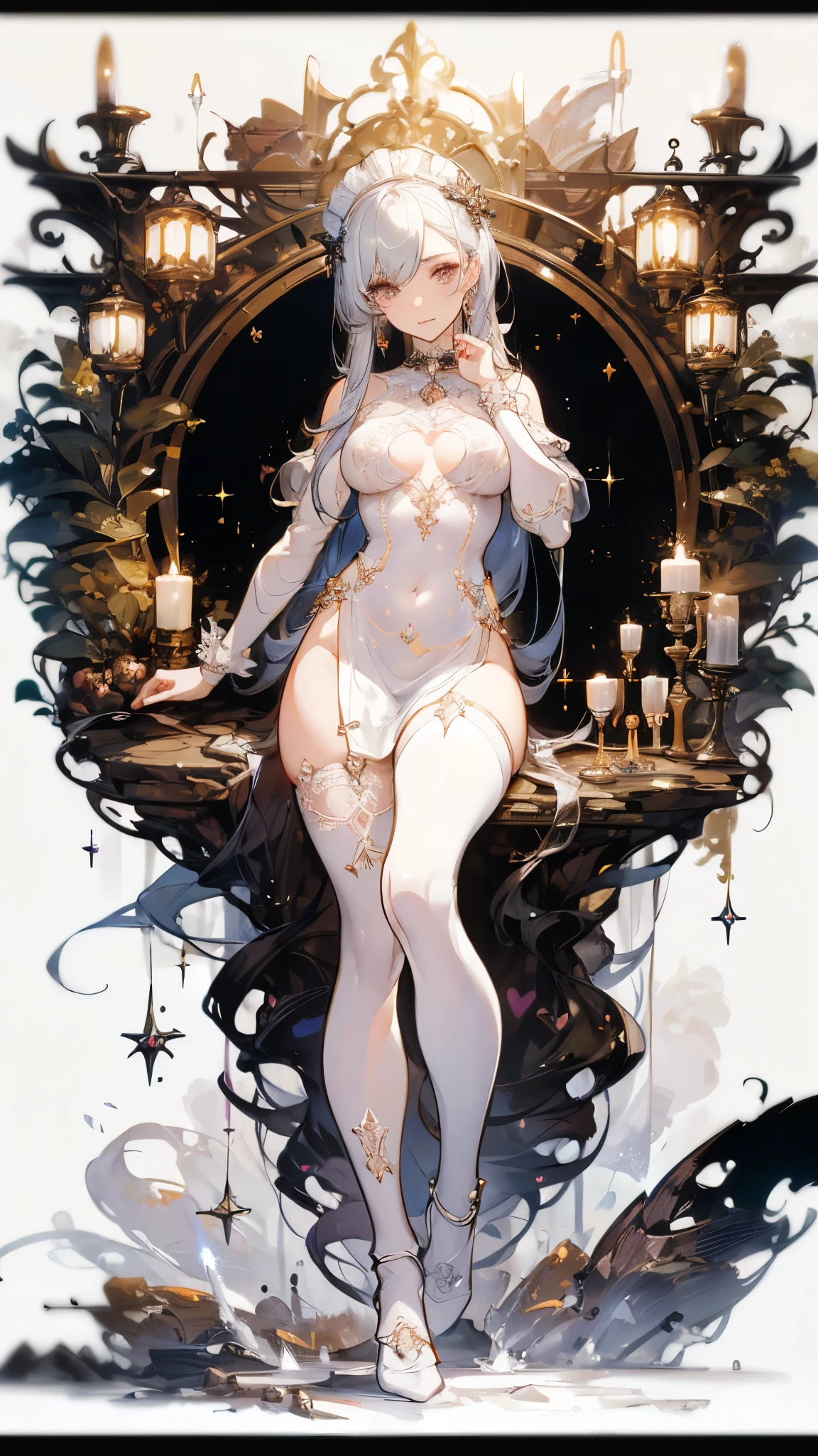 moody lighting, cute girl, (platinum hair), ((very long drill hair)), perfect face, smug smile, (blood red eyes), (naked), (petite), (slender), (tiny breasts), (flat chest), ((18 years old)), skindentation, extreme detail, attractive oval face, pink lips, pink nipples, glossy skin, detailed hair, ornamental gold necklace, gold earrings, ((1 girl)), (stockings), full body, (high heels),