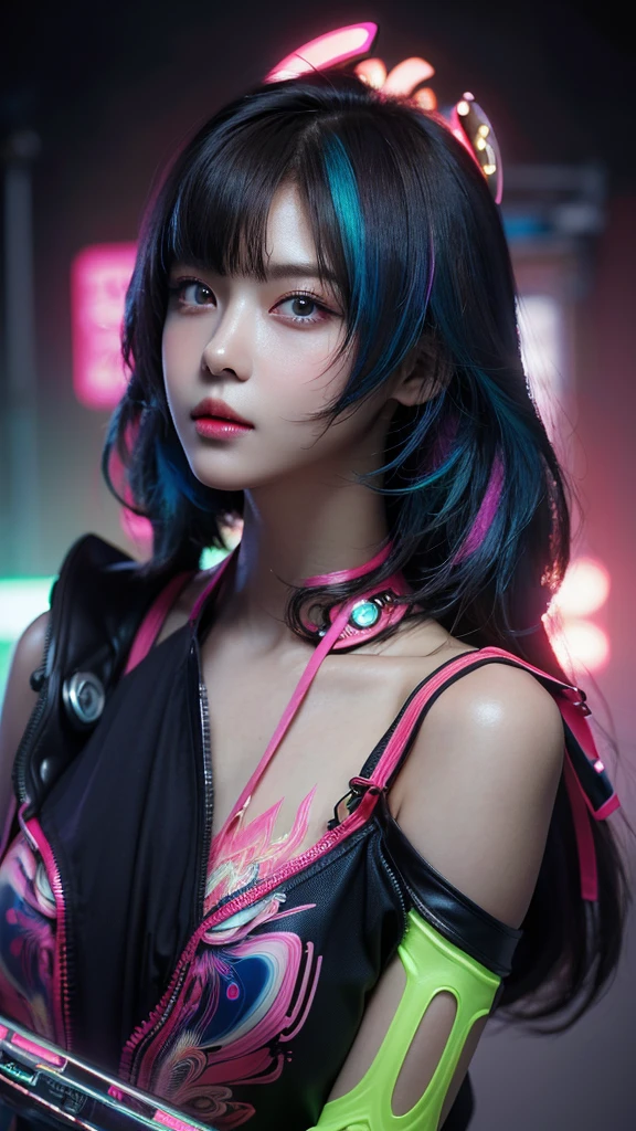 (masterpiece, highest quality, highest quality, Official Art, beautifully, aesthetic:1.2), Portrait Photography, (Cyberpunk beautiful girl 1 person), Big iridescent eyes, Beautiful skin, (Pink and blue long hair with bangs), Very detailed, (Neon colored fractal art:1.3), Perfect lighting, Sharp focus, High resolution, High resolution, High color rendering, High resolution, Super realistic,