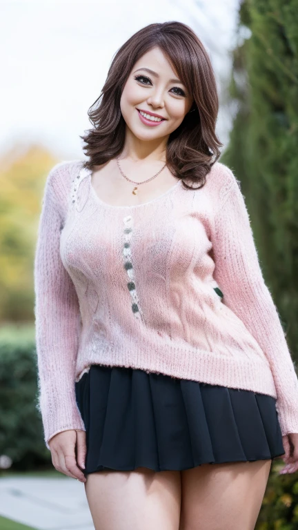 full body shot, from below,  japanese mature,  detailed face , Facial wrinkles, smile,  detailed skin texture ,  white skin, (curvy body,  plump thighs:1.5), (earrings,  Necklaces ,  pink princess dress with white hands and feet, micro miniskirt:1.2), ( wearing a sweater :1.2), ( full body shot from toe to head wearing black high heels, Standing in the garden:1.2), ( surrealism, best quality, ultra detailed, absolutely resolution, 8k, anatomically correct), depth of field, looking at viewer, tachi-e, (gal.safetensors), (And), full body, (from below),  natural light, model posing