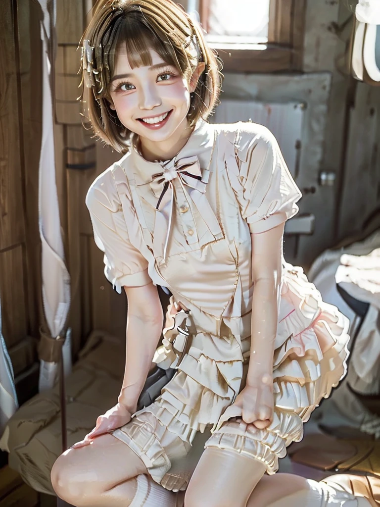 "(8k, RAW photo, top quality, masterpiece:1.2), (realistic, photo-realistic:1.4), (extremely detailed 8k wallpaper), sharp concentration, depth of field, ((( full body shot ,long shot)))),  ((((18 year old Japanese idol,18 year old Japanese actress,cute girlold Japanese idol)))),(((( very fat body)))),beautiful legacy makeup、((((Short hair、a short bob、Patsun))))、loose hair color、Lori、Has a small, (wet hair), ((wet skin)), ((oily skin)),  realistic detail shiny skin, scars, cute face, red cheeks, ((sweaty clothes)), ((sweaty pantyhose)), ((playful, looking at camera, stage with lots of lights, happy smile, showing teeth, smiling with mouth wide open)),(((lifting one leg))),cyb dress, dress, ((((white coler dress)))), layered dress, frilled dress, short sleeves, ribbon, bowtie, frills, bow, dress bow, heart symbol,((((white color neehigh socks))))、shinobuLo