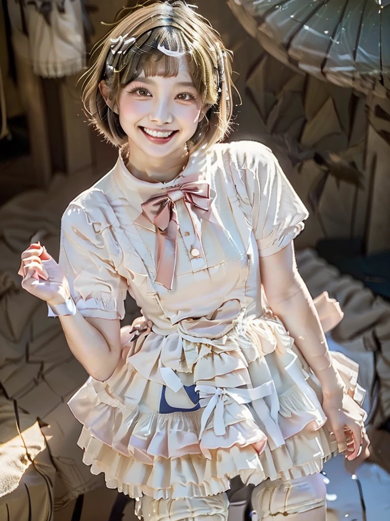 "(8k, RAW photo, top quality, masterpiece:1.2), (realistic, photo-realistic:1.4), (extremely detailed 8k wallpaper), sharp concentration, depth of field, ((( full body shot ,long shot)))),  ((((18 year old Japanese idol,18 year old Japanese actress,cute girlold Japanese idol)))),(((( very fat body)))),beautiful legacy makeup、((((Short hair、a short bob、Patsun))))、loose hair color、Lori、Has a small, (wet hair), ((wet skin)), ((oily skin)),  realistic detail shiny skin, scars, cute face, red cheeks, ((sweaty clothes)), ((sweaty pantyhose)), ((playful, looking at camera, stage with lots of lights, happy smile, showing teeth, smiling with mouth wide open)),(((lifting one leg))),cyb dress, dress, ((((white coler dress)))), layered dress, frilled dress, short sleeves, ribbon, bowtie, frills, bow, dress bow, heart symbol,((((white color neehigh socks))))、shinobuLo