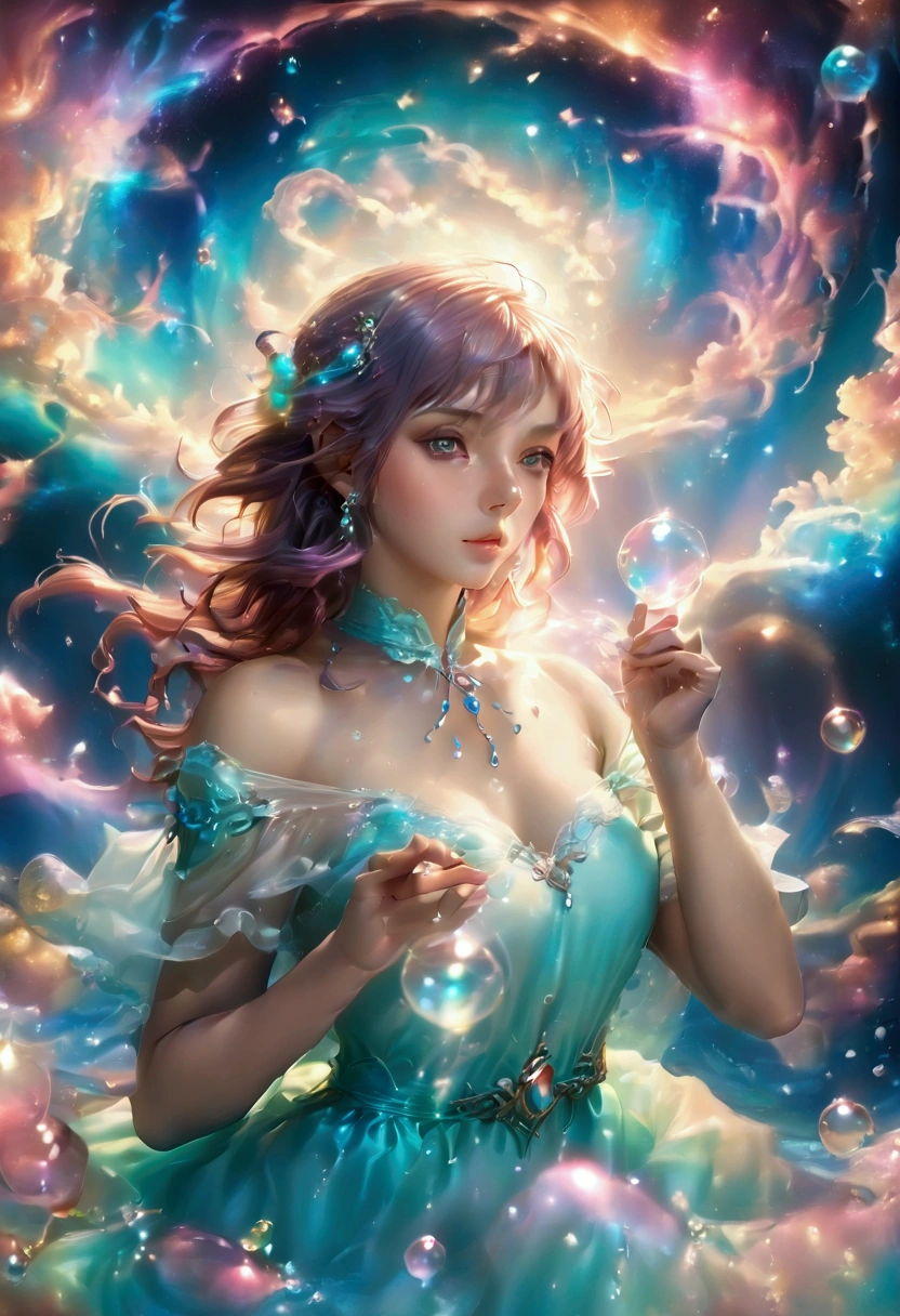 ((masterpiece)). This artwork is sweet, dreamy and ethereal, with soft pink watercolor hues and candy accents. Generate a delicate and demure fae exploring a (bubblegum world with a wide variety of pastel shades). Her sweet face is extremely detailed and realistic with elegant features and a fierce expression, and looks like ((((naomi scott)))). Include mature features and stunning, highly realistic eyes. Her eyes are important and should be realistic, highly detailed, and beautiful. In high definition and detail, include lots of details like stars, galaxies, colorful bubbles, colorful petals, and lots of energy and emotion! The stars and colorful bubblegum bubbles are important! Include fantasy details, enhanced details, iridescence, colorful glittering wind, and pollen. Pay special attention to her face and make sure it is beautifully and realistically detailed. The image should be dreamy and ethereal.8k, intricate, elegant, highly detailed, majestic, digital photography
