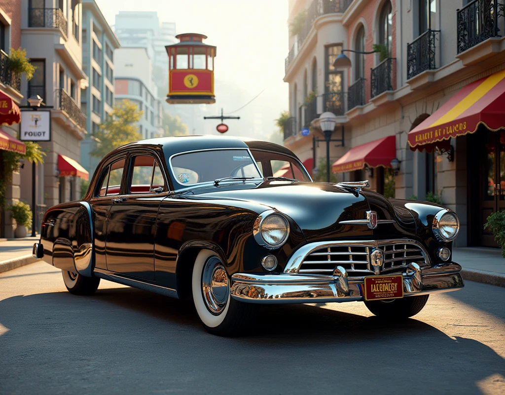 In the foreground, a gleaming, exhibition-quality Ford Lincoln catches the light, its chrome sparkling. Behind it, the iconic San Francisco streets rise steeply, with the unmistakable silhouette of a brightly colored cable car clinging to the tracks high above.