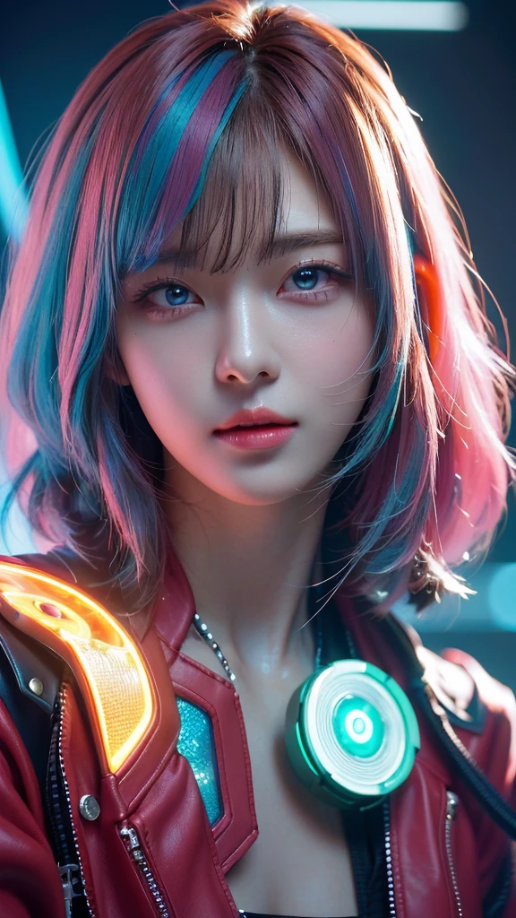 (masterpiece,  Top Quality,  Top Quality, Official Art,  beautifully , Aesthetic:1.2), Portrait, ( 1 cyberpunk babe  ),  big iridescent eyes ,  beautiful skin , (  long pink and blue hair with bangs), VERY DETAILED, ( neon color fractal art :1.3),  perfect lighting ,  Sharp focus ,  high resolution,  high resolution, High color rendering ,  high resolution, Surreal,