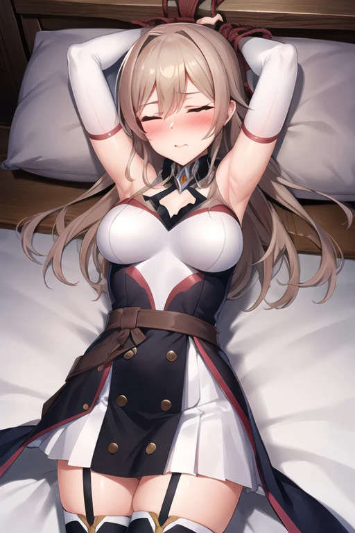 masterpiece, best quality, high definition , Fel 1, Bridal Gauntlet, black thigh high socks , bare shoulders, belt, ガーターbelt, white dress, elbow gloves, cowboy shooting alone, Wavy,bdsm, bed, bondage, bound, arms up,(bound arms:1.5), bound legs, bound wrists, lying, on back,,eyes closed,(blush:1.5),