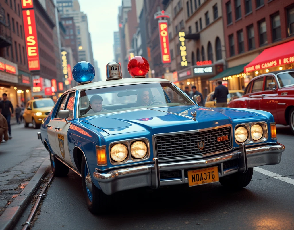 1974 Dodge Monaco police sedan car in white and blue NYPD paint, driving through New York in the 70s 