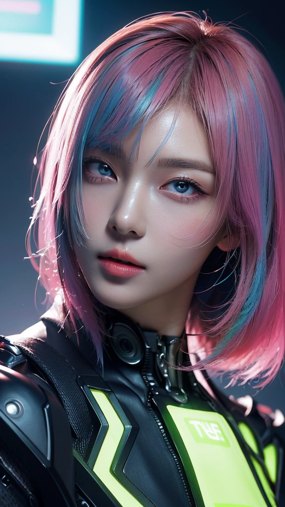 (masterpiece,  Top Quality,  Top Quality, Official Art,  beautifully , Aesthetic:1.2), Portrait, ( 1 cyberpunk babe  ),  big iridescent eyes ,  beautiful skin , (  long pink and blue hair with bangs), VERY DETAILED, ( neon color fractal art :1.3),  perfect lighting ,  Sharp focus ,  high resolution,  high resolution, High color rendering ,  high resolution, Surreal,