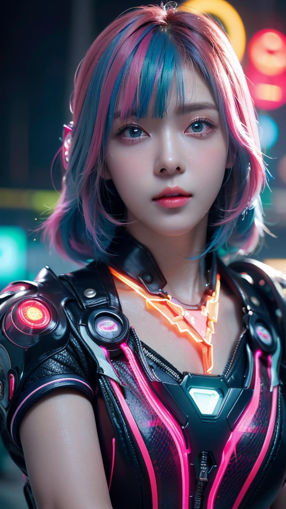 (masterpiece,  Top Quality,  Top Quality, Official Art,  beautifully , Aesthetic:1.2), Portrait, ( 1 cyberpunk babe  ),  big iridescent eyes ,  beautiful skin , (  long pink and blue hair with bangs), VERY DETAILED, ( neon color fractal art :1.3),  perfect lighting ,  Sharp focus ,  high resolution,  high resolution, High color rendering ,  high resolution, Surreal,