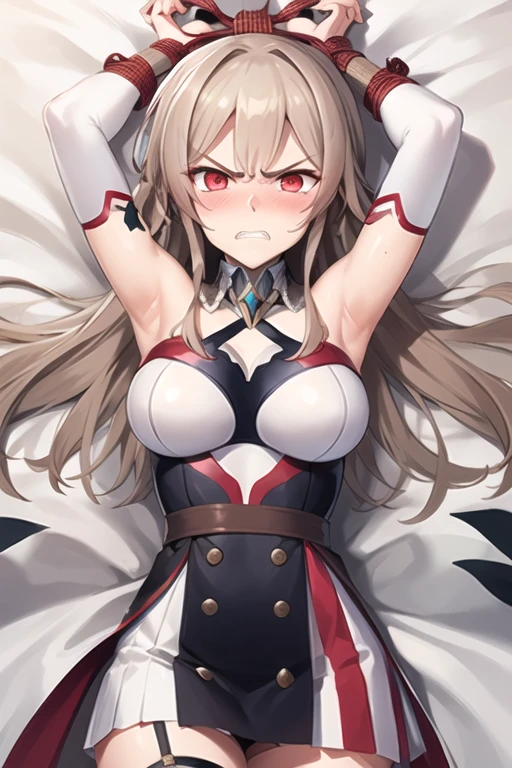 masterpiece, best quality, high definition , Fel 1, Bridal Gauntlet, black thigh high socks , bare shoulders, belt, ガーターbelt, white dress, elbow gloves, cowboy shooting alone, Wavy,bdsm, bed, bondage, bound, arms up,(bound arms:1.5), bound legs, bound wrists, lying, on back,(defiant look:1.3),(painful expression:1.2),(scowled:1.3),(serious:1.2), (angry:1.3), neat,(frown:1.3),(blush:1.3),(despair:1.2),(close mouth,clenching teeth:1.1),