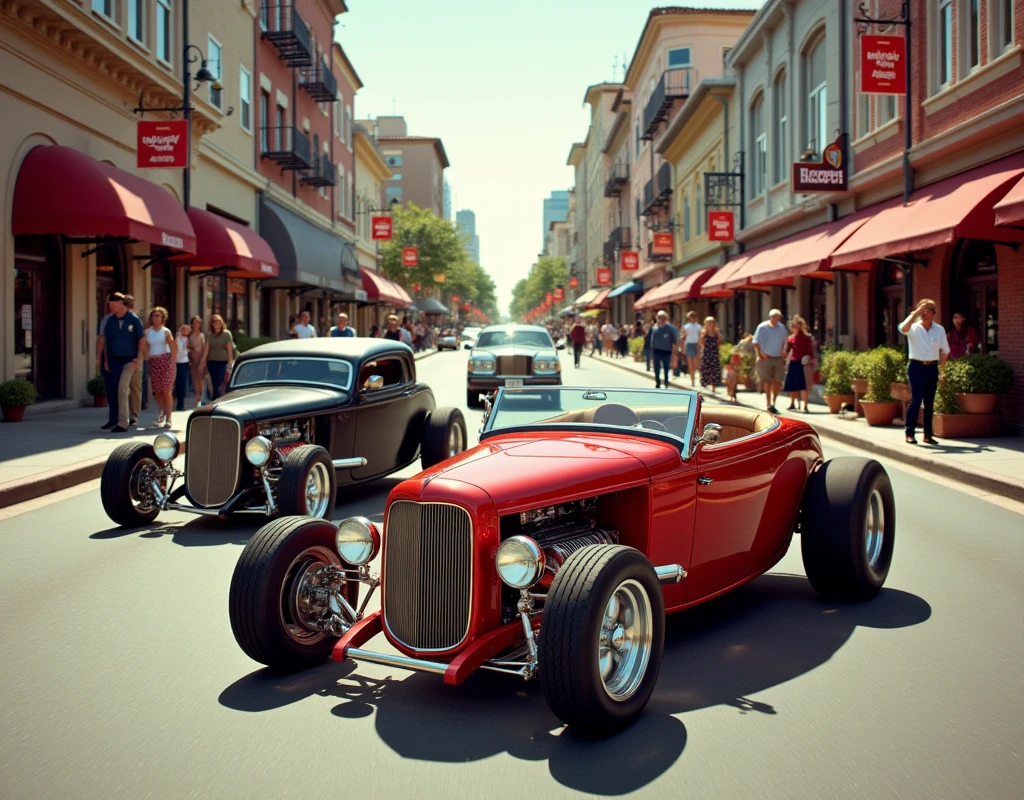 cars are lined up on the side of the road as people walk by, hotrods driving down a street, 5 hotrods driving down a street, photo in color, color footage, colorized, kodakchrome : : 8 k, vintage footage on tokyo streets, a colorized photo, colorized photo, colourized, colorized background, vintage footage