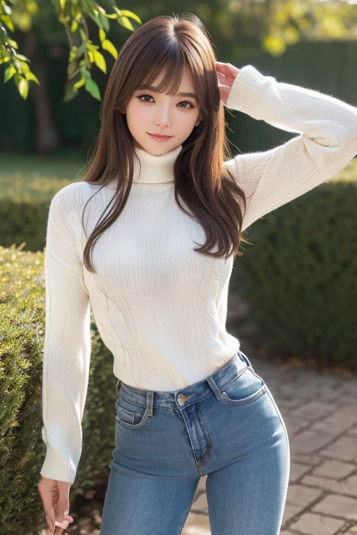 25 years old women, black wavy long hair、bangss、(tight white turtleneck sweater), Puffy nipple、Denim skirt,Medium milk, cute smile face、(emphasis on the buttocks、Turn around and sit with one knee raised)、(Emphasis on the chest)、sexy hips、high-heels、pool with sea view、Sit by the pool、sexy  pose、Big necklace、耳Nipple Ring、Photos showing the whole body