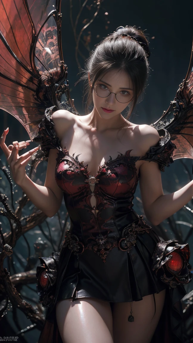 (The best illustrations)、realisitic、ultra-detailliert、The best lighting、Best Shadows、alluring succubus, ethereal beauty, perched on a cloud, (fantasy illustration:1.3), enchanting gaze, captivating pose, delicate wings, otherworldly charm, mystical sky, (Luis Royo:1.2), (Yoshitaka Amano:1.1), Dungeon and Dragon、caves、Dungeon、 A Necromancer、natta、Dark style、Succubus、Devil's Daughter、Bat Wings,(((Demon Hornlack-rimmed round glasses))))、(red eyes glowing:1.6)、beautiful countenance、Tindall Effect、(High Detail Skins:1.2) absurderes、Ponytail distortion、jewely、Beautiful expression、Toned waist、Wide buttocks、Tindall Effectmasuter piece、top-quality、Highest Standards、Top image quality、masutepiece、intricate detailes、High resolution、Depth Field、natural soft light、profetional lighting、Great smile、(High Detail Skin: 1.2)、photorealistic anime girl render、Strong highlights of the eyes、Perfect Anatomy、crotch open、Shy、Spreading your legs、Panties are visible、Skirt flipping、Body shiny with oilerectile nipple))、8K resolution、intricate clothing、Intricate details, Sexy girl on white bed,Charming eyes,Heartwarming action,Open legs,Transparent silk pajamas ,barechested,Thick long hair,Highly detailed body,Highly detailed face
