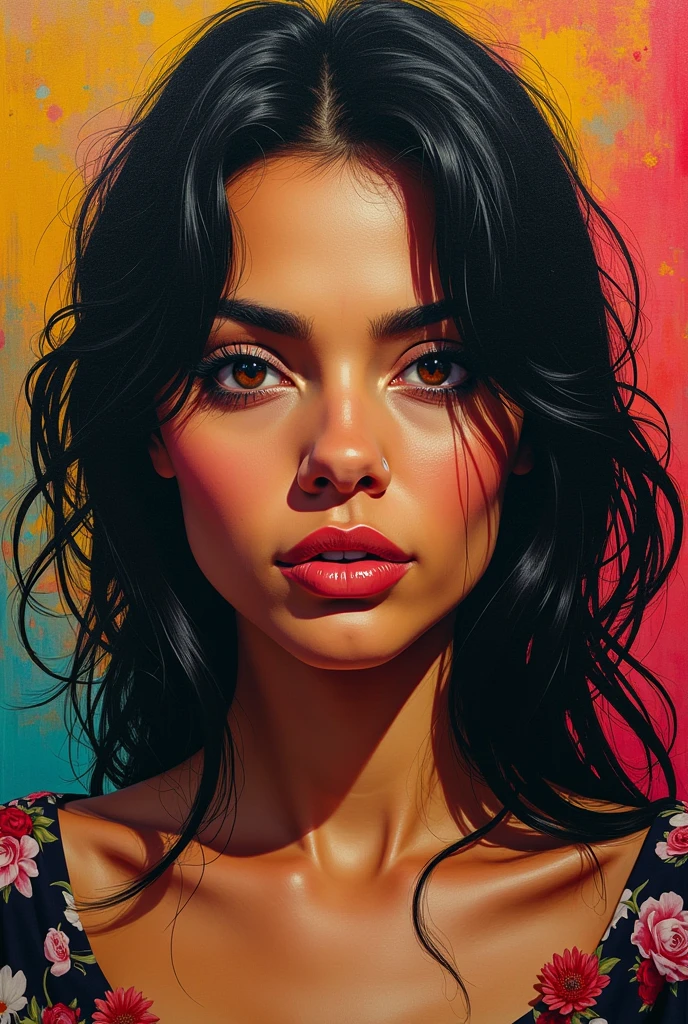 Create a contemporary portrait of a Mexican woman in the expressive and painterly style of Malcolm Liepke, ((speed painting))+++ palette knife painting, painted in impressionist style, brushstroke painting technique, large strokes, bright blue, very dark gray, and light grayish blue.