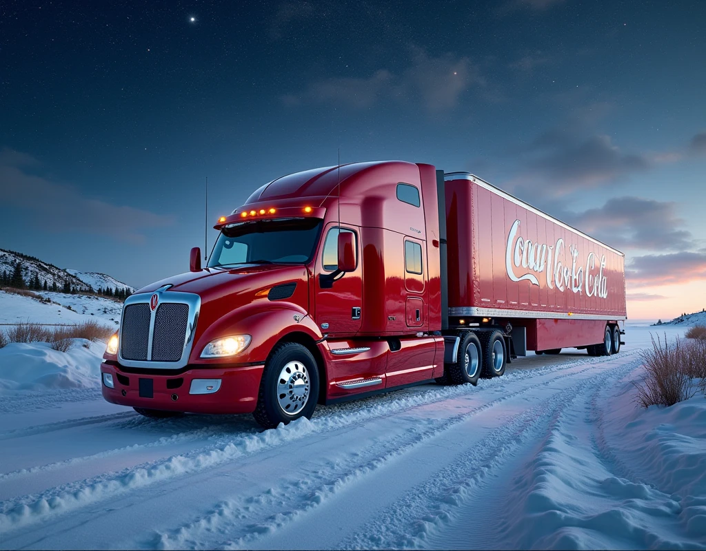 car photography, coca-cola semi truck, winter, snow, snowfall, night, starry sky, x-mass, 8k, 4k, detailed, attractive, beautiful, impressive, photorealistic, realistic, cinematic composition, volumetric lighting, high-resolution, vivid, detailed, stunning, professional, lifelike, crisp, flawless, DSLR, 4k, 8k, 16k, 1024, 2048, 4096, detailed, sharp, best quality, high quality, highres, absurdres, maximum detail, hard rim lighting photography, hyper realism, high detail, 8k, HDR, UHD