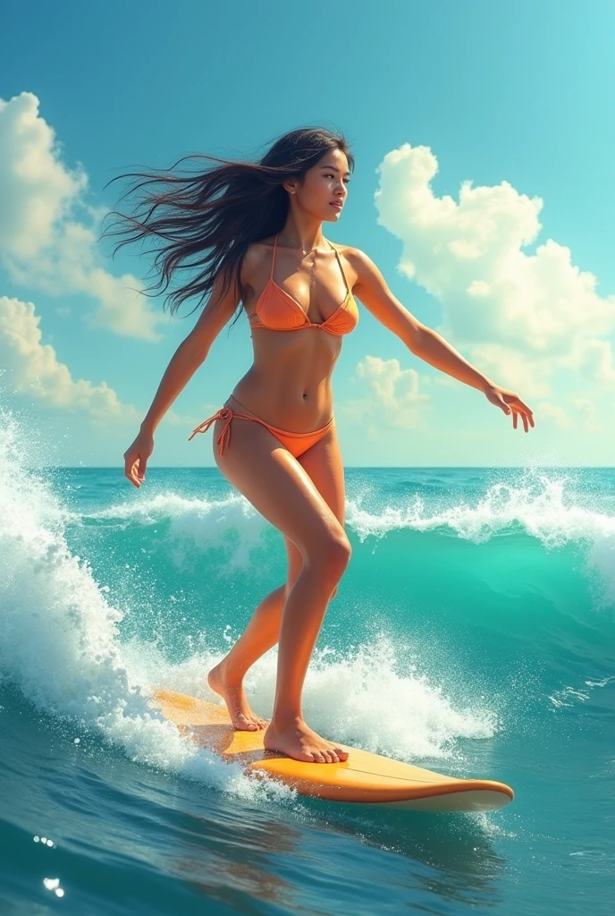 wide shot, full body portrait, a beautiful brunette woman surfing, blue water, huge wave, medium breasts, orange bikini, bare midriff, beautiful legs, not exposed, breasts covered by swimsuit top, ultra-high res.photorealistic:.1.4, (high detailed skin:1.2), 8k, uhd, dslr, high quality, film grain, Fujifilm XT3