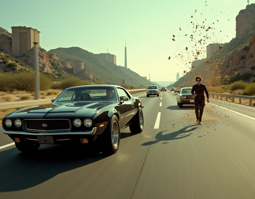 Highway Chase Scene: A dramatic shot of Neo, Morpheus, and Trinity engaged in a high-speed chase on a freeway, dodging agents, with cars crashing in slow motion, illustrating the thrilling action sequence.
