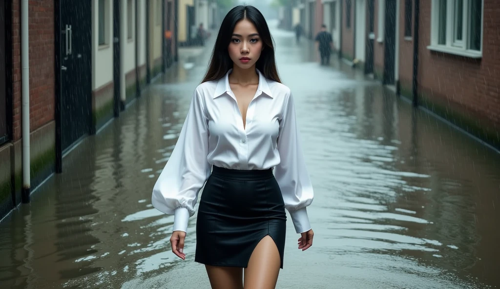 shot from above top angle, a Indonesian secretary woman walks confidently alone in the floods water in the middle canal. heavy rain atmosphere. she wearing a white satin large formal shirt with black skirt
