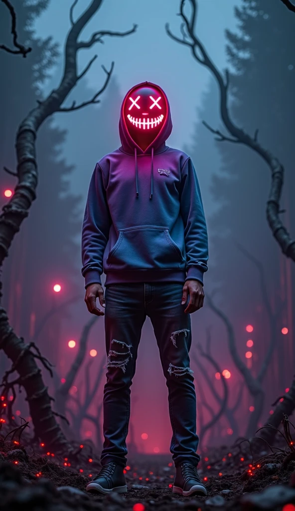 A shadowy character wearing a dark hooded jacket and a face covered by a glowing mask with a terrifying pattern of red eyes and a sinister smile in the form of glowing white stitching.. He is sitting in a relaxed manner in front of a metal fence, with a carefree but intimidating posture. The background is dark with a blue night sky, and the lighting dramatically highlights the shine of his eyes and mouth, while little red sparks float in the air, adding a tense and urban atmosphere. The style is dark and aggressive, with a cyberpunk and vigilante aesthetic, conveying a sense of latent danger.