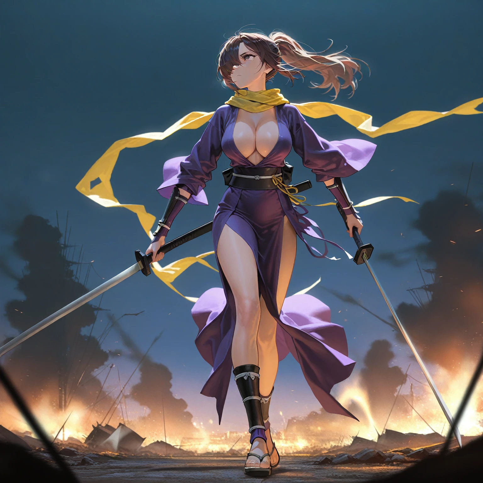 masterpiece,best quality,amazing quality,very aesthetic,absurdres,newest,scenery,

closeup
, 1girl, solo,  dfKgro, brown hair, ponytail, brown eyes, hair over one eye, yellow scarf, japanese clothes, purple dress, plunging neckline, cleavage, purple sleeves, arm guards, sandals, full body, walking, night, looking to the side, looking up, serious, large breasts, battlefield, holding ninja sword、


masterpiece, best quality, amazing quality, very aesthetic, absurdres, newest, scenery,