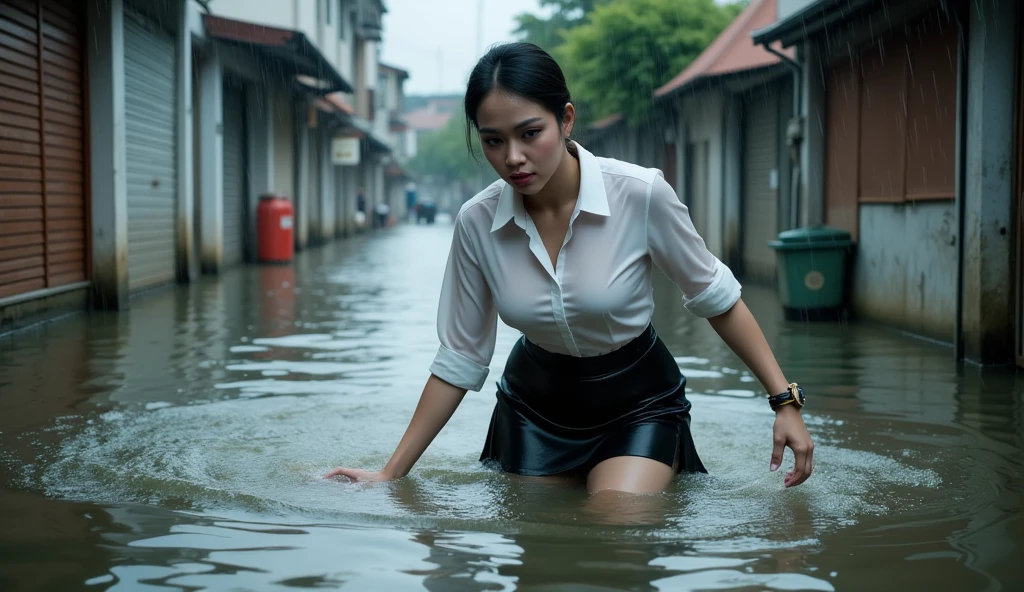 shot from above top angle, a Indonesian secretary woman crawling soaking in a floods water in the middle canal. heavy rain atmosphere. she wearing a white satin large formal shirt with black skirt
