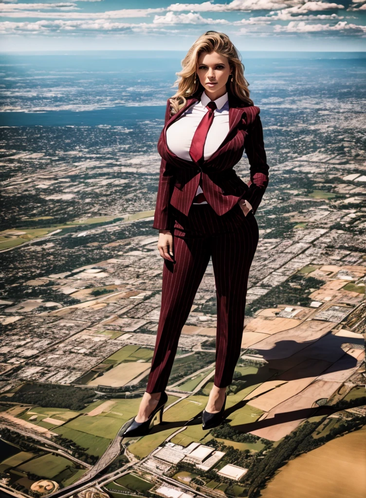 A young stylish 100 mile tall giant woman in a light greyform-fitting pinstripe trouser suit, white shirt, and a large wide necktie in a windsor knot, with a beautiful, curvaceous figure, massive breasts, and long blonde wavy hair, with a curvaceous figure and natrual breasts. wearing red rounded platform high heels with uncovered feet and standing, rampage-like pose, with skyscapers only reaching their heels, with a cityscape background of mega-city, partially obscured by a hazy, cloudy atmosphere. The image is a high-resolution, masterpiece-quality, cinematic, ultra-detailed, and hyper-photorealistic photograph, with perfect hands, face, and lighting. ultra-detailed, 8K, photo-realistic, hyper-realistic, masterpiece, intricate details, full body view viewed from high above, Looking at camera, The image is a high-resolution, masterpiece-quality, ultra-detailed, and hyper-photorealistic photograph, with perfect hands, face, and lighting. ultra-detailed, 8K, photo-realistic, hyper-realistic, masterpiece, intricate details, 