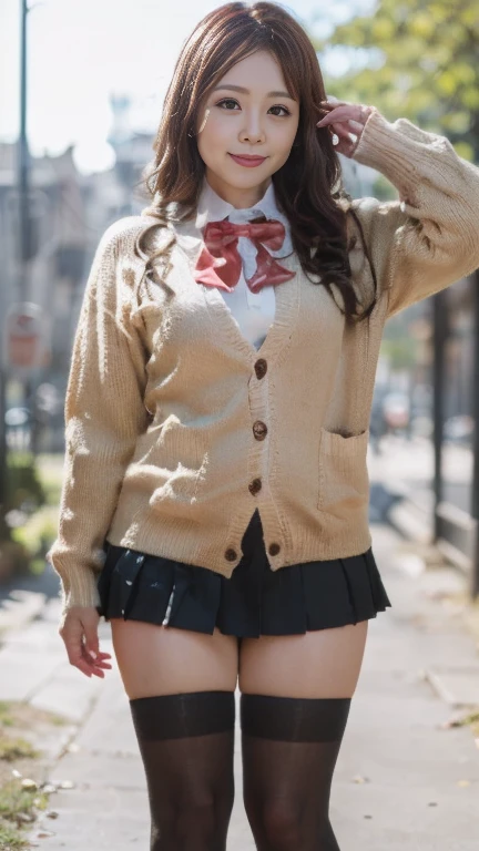 full body shot, from below,  japanese mature,  detailed face , Facial wrinkles, smile,  detailed skin texture ,  white skin, (curvy body,  plump thighs:1.5), (earrings,  Necklaces , red bowtie, brown cardigan, red skirt, pleated skirt, micro miniskirt, black thighhighs:1.2), ( wearing a sweater :1.2), ( full body shot from toe to head wearing black high heels,  standing in the park:1.2), ( surrealism, best quality, ultra detailed, absolutely resolution, 8k, anatomically correct), depth of field, looking at viewer, tachi-e, (gal.safetensors), (And), full body, (from below),  natural light