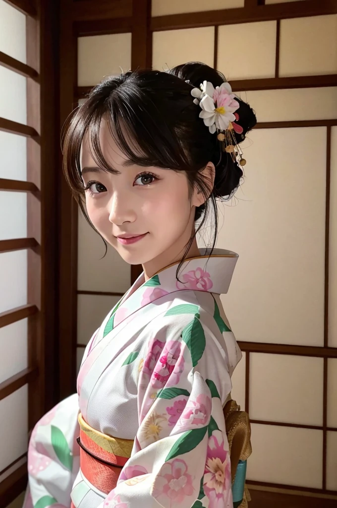 8k、 high definition、 ultra detailed 、 photorealistic、 high definition 、Realistic and accurate depiction、Realistic and accurate human anatomy、 best quality、 Japanese woman with a viewing angle of 、 pretty girl、(((JPGND))), (((kimono))), (( best quality、8k傑作:1.3))、(Super beautiful face:1.0)、( pubic skin:1.0)、 Realistic Pictures、 perfect dynamic configuration ,  Video Writing 、 high definition の目と顔、One of the Japanese, Pure beauty, cute,  elegant , kimono,  smiles, ,A long-established inn in Kyoto,  Japanese Garden, Luxurious Japanese-style room, 振り返って smiles