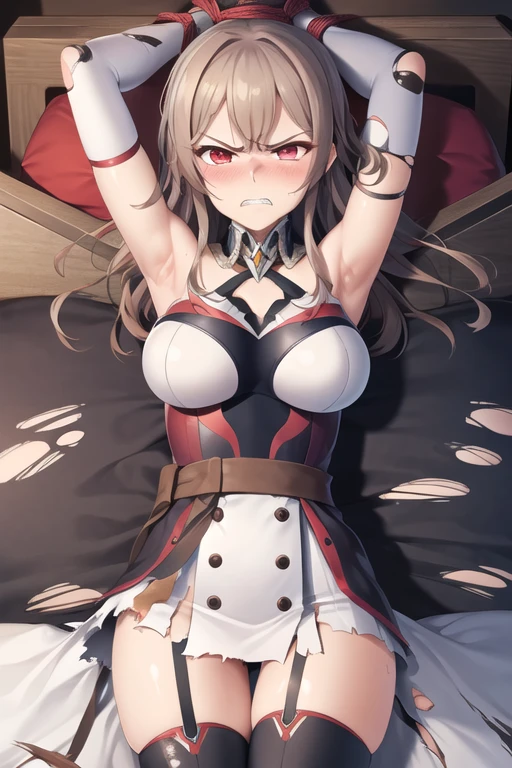 masterpiece, best quality, high definition , Fel 1, Bridal Gauntlet, black thigh high socks , bare shoulders, belt, ガーターbelt, white dress, elbow gloves, cowboy shooting alone, Wavy,bdsm,(bed:1.3), bondage, bound, arms up,(bound arms:1.5), bound legs, bound wrists, lying, on back,nsfw,(torn clothes:1.5),(defiant look:1.3),(painful expression:1.2),(scowled:1.3),(serious:1.2), (angry:1.3), neat,(frown:1.3),(blush:1.3),(despair:1.2),(close mouth,clenching teeth:1.1),