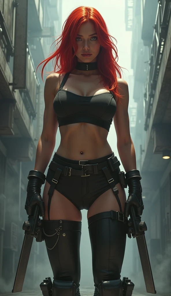 A young white cyberpunk girl with orange-pink hair in a dystopian world, sun tanned from month outside under the sun, walks without fear in leather and war worn clothing, carrying an assault rifle, holding a 's toy, city in fire and rubble, looking angered and ready for trouble. 32k resolution, photorealism, hyperdetailed