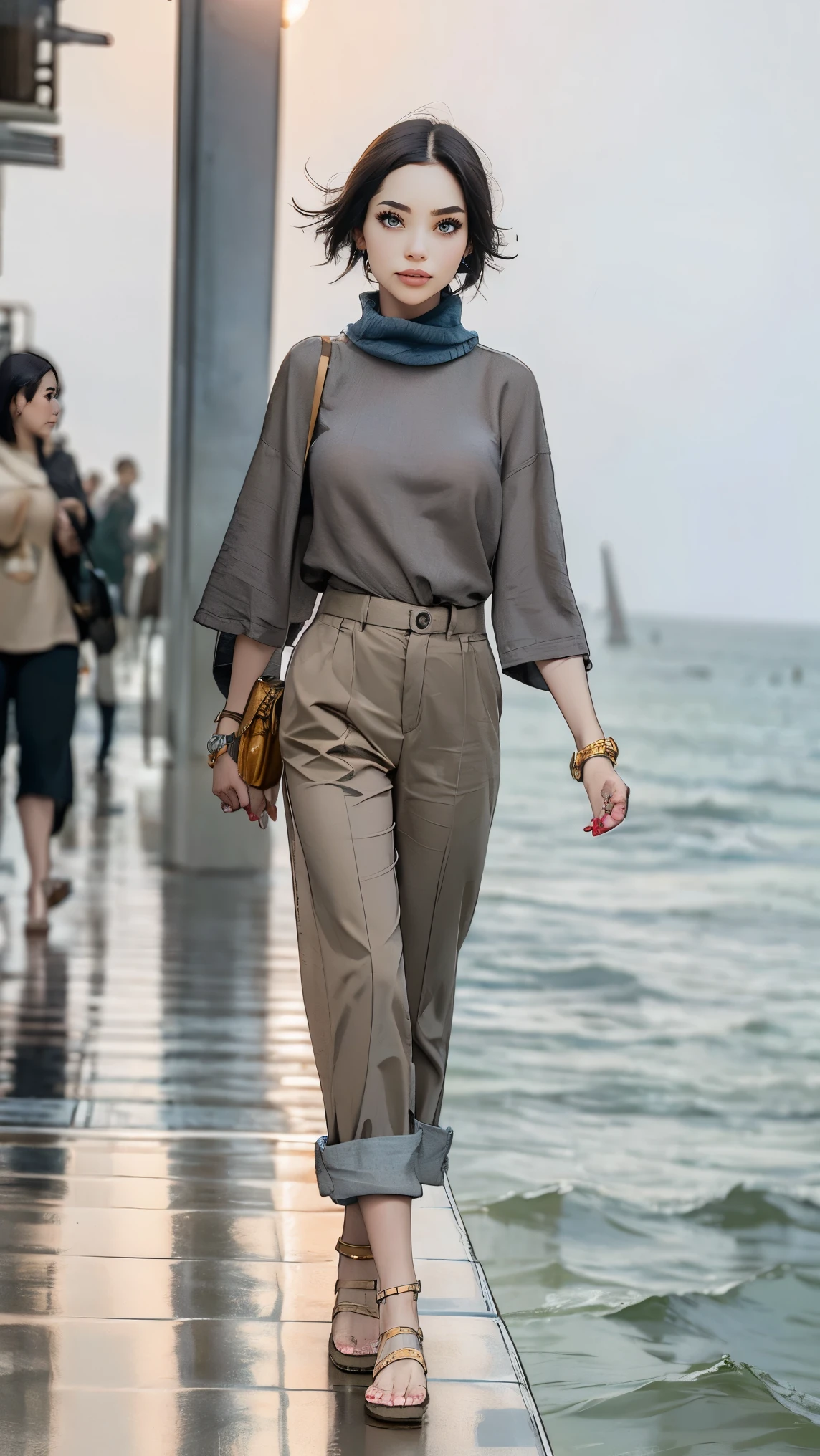 24 year old dark skinned woman、blue eyes、blonde、medium long curly hair、Accessorize your wrist、Scarf Tie Blouse((scarf tie blouse))、loose grey fashionable pants, short hair, at the sea side, sandals