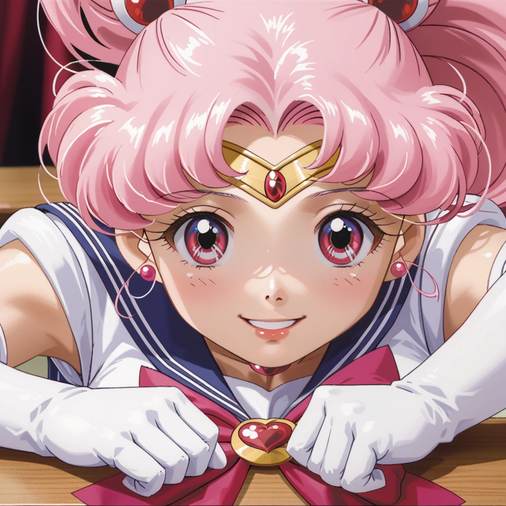 masterpiece, best quality, absurdres, perfect antomy, 1girl, solo, SMMoon, 1990s \(style\), sailor chibi moon pink hair, pink pupils eyes, close-up, smile, cowboy shot, sailor senshi uniform pink, pink sailor collar, Pink pleated skirt, elbow gloves, in back pose, show her booty, backwards, playing  billar table, leaning on the table with her butt up high showing her ass, (SHOW HER ROUND ASS UP)  semi crouched, in back pose, 