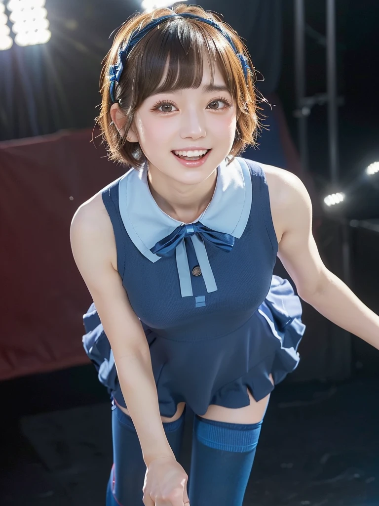 (((top-quality, 8K, photographrealistic:1.4, masterpiece, realistic, photographic, photo))), Back light, Highly detailed facial texture girl, 18years old, childlike, (((Blue Cheerleader:1.2))), ((Bathroom Background:1.2)), with arms up, A smile, open mouth, blown hair and short hair, Parted sleeves, bare shoulders, Center opening, flat chest, AAA cup, ribbon, Kneeling, cute, beautiful, sexy navel, detail, jumping girl, having pompon