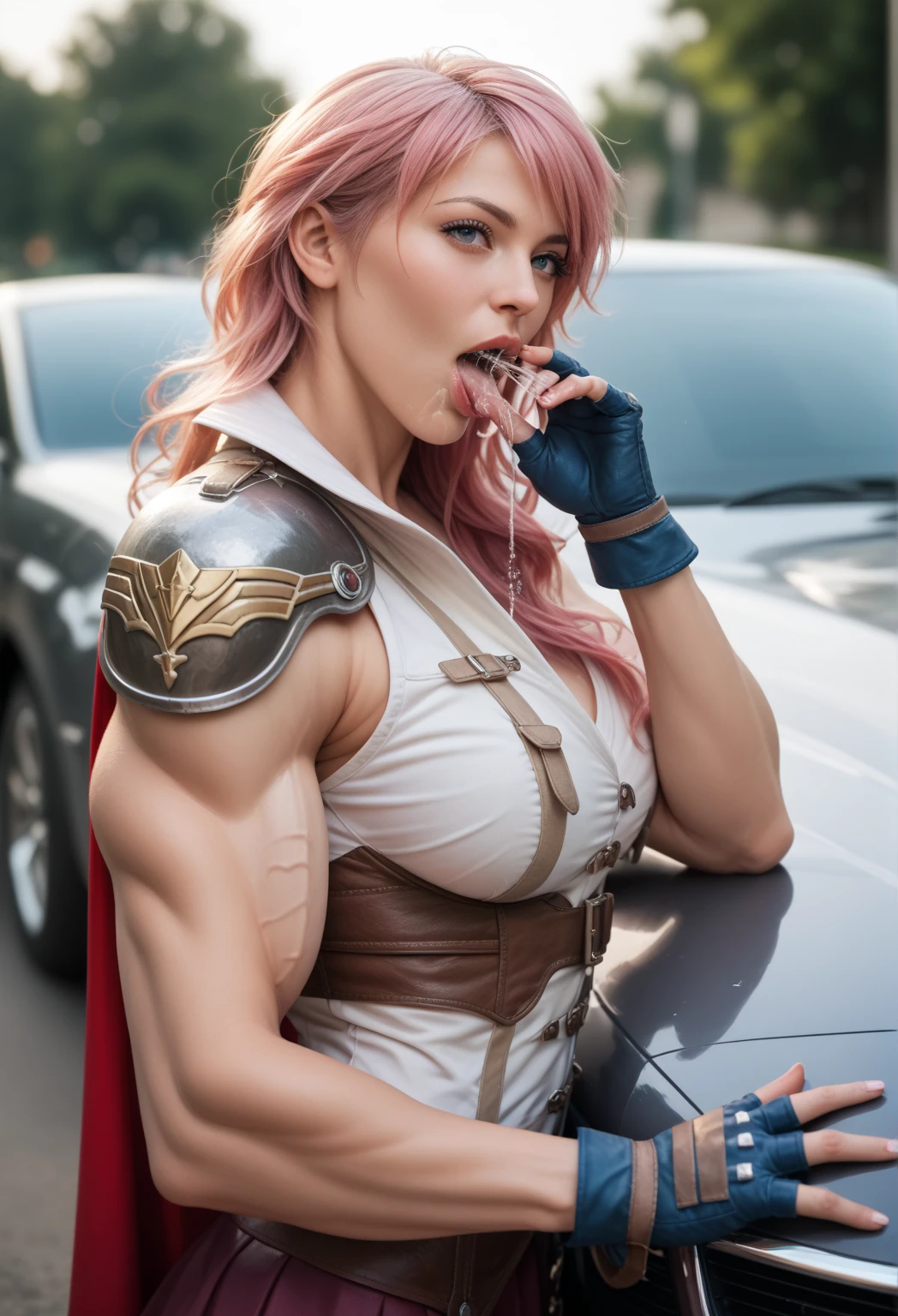 A 35mm photorealistic bokeh shot of lightningfarron, sleeveless jacket, shoulder armor, cape, fingerless gloves, skirt, pink hair,  as a huge muscle woman, -hypermuscle- -bodybuilder- -bulky-, beautiful intricate details on face, giving a self-blowjob to her own gigantic futanari cock, squirting jizz in her mouth, in a car